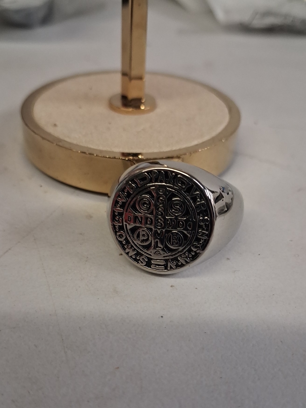 NWT St. Benedict Medal Cross Signet Ring Silver
